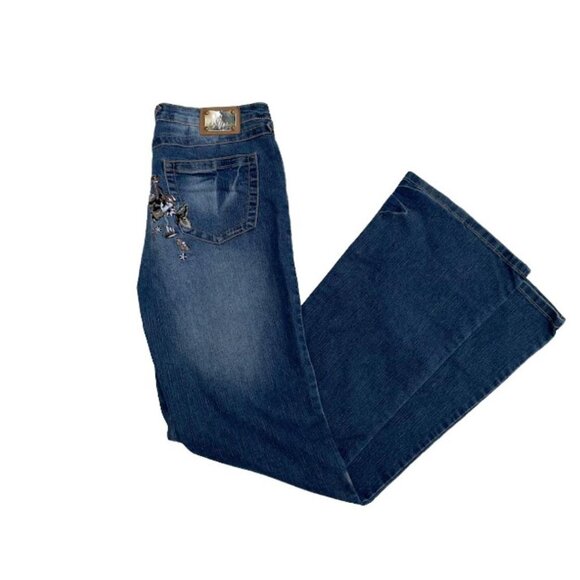 Y2K Baby Phat Low Waist Embroidered Dark Wash Flared Jeans Size 7 - Picture 2 of 6